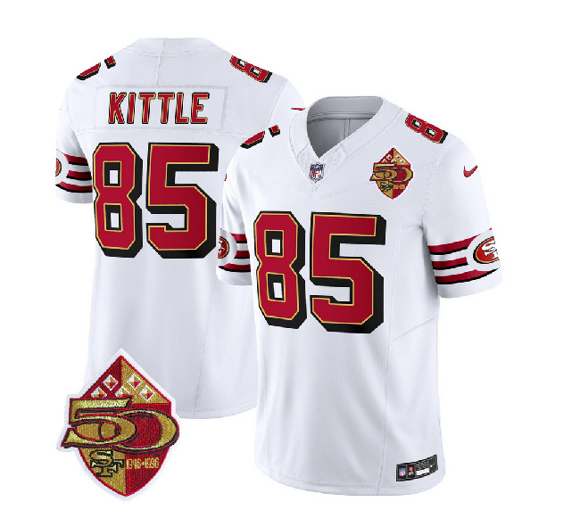 Men's San Francisco 49ers #85 George Kittle White 2023 F.U.S.E. 50th Patch Throwback Football Stitched Jersey
